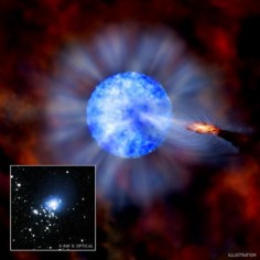 Artystyczna wizja układu M33 X-7. Gwiazda (niebieska) krąży wokół czarnej dziury© NASA